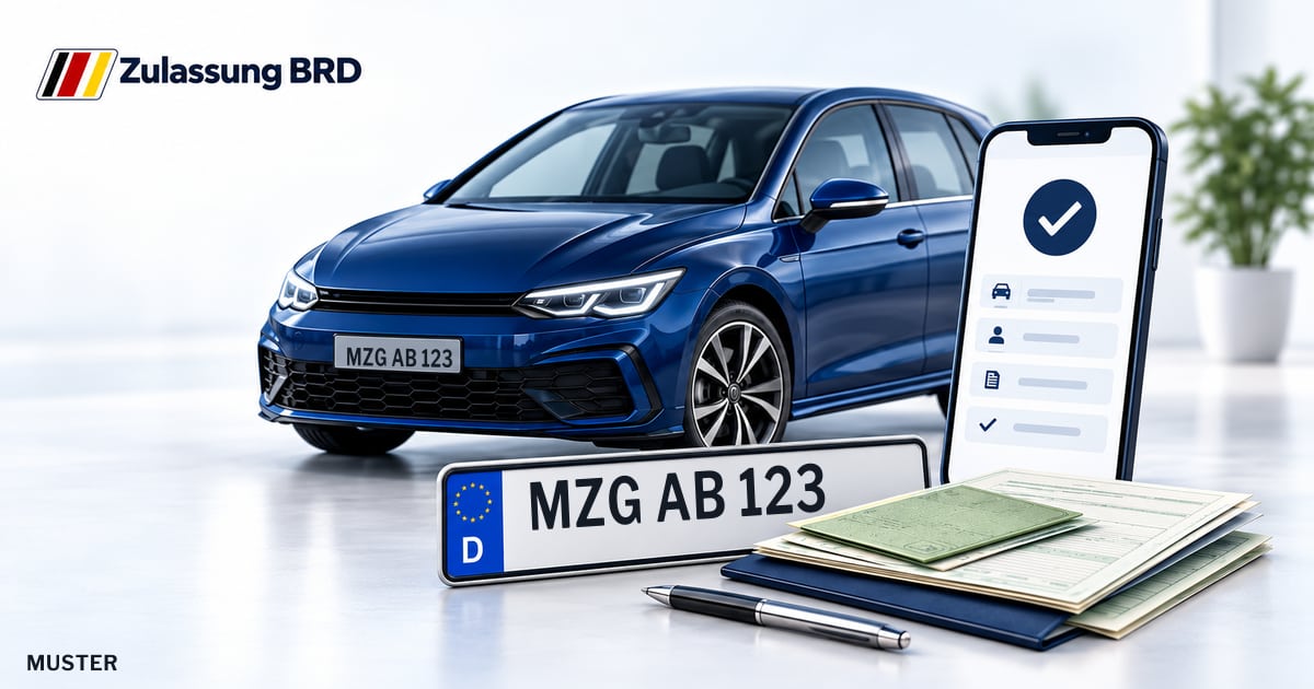 Online Fahrzeugzulassung in Landkreis Merzig-Wadern: Musterkennzeichen MZG AB 123, Auto und Fahrzeugpapiere und Smartphone. Illustration mit Logo von Zulassung BRD.